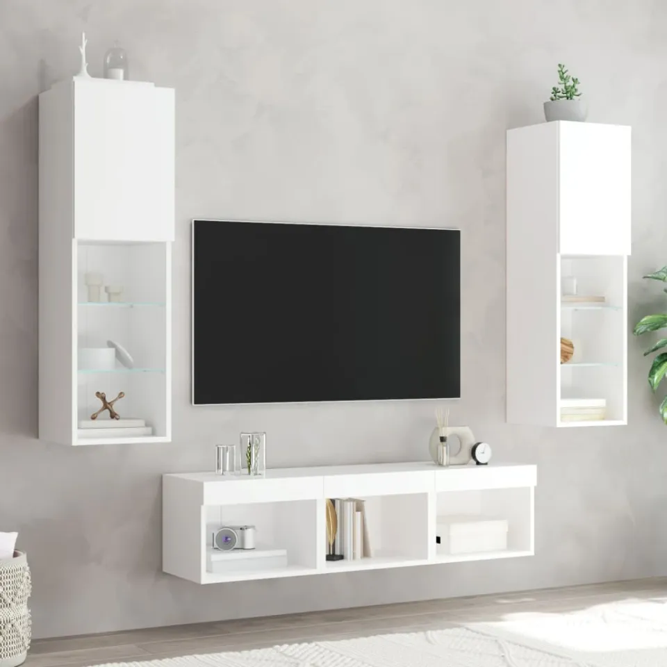 vidaXL 5-delige Tv-wandmeubelset met LED-verlichting bewerkt hout wit, foto 3