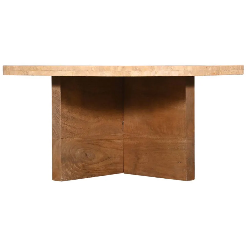 Giga Meubel Salontafel Leno Rond - Travertin/Hout - Naturel - Set van 2, foto 5