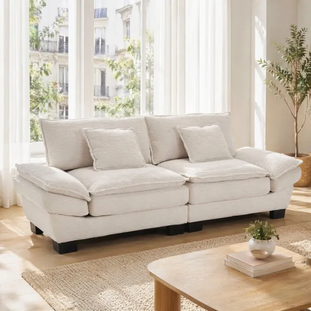 MEUNIQ 2-zitsbank 224 x 81 x 81 cm in beige, met 2 kussens, fluwelen bekleding, houten frame, zwarte poten en brede armleuningen voor woonkamer, slaapkamer of thuiskantoor