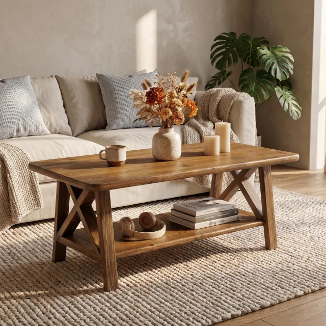 Little Trees LITTLE TREE Rechthoekige Salontafel - 120 X 60 X 50 cm - Massief Hout - X‑Poten - Met Opbergplank - Landhuis Stijl - Bruin