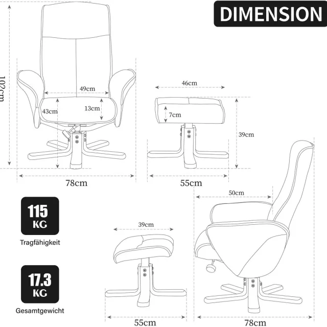 YYchan fauteuil met voetenbank - grijs - 78 x 78 x 102 cm - voetenbank 55 x 46 x 39 cm