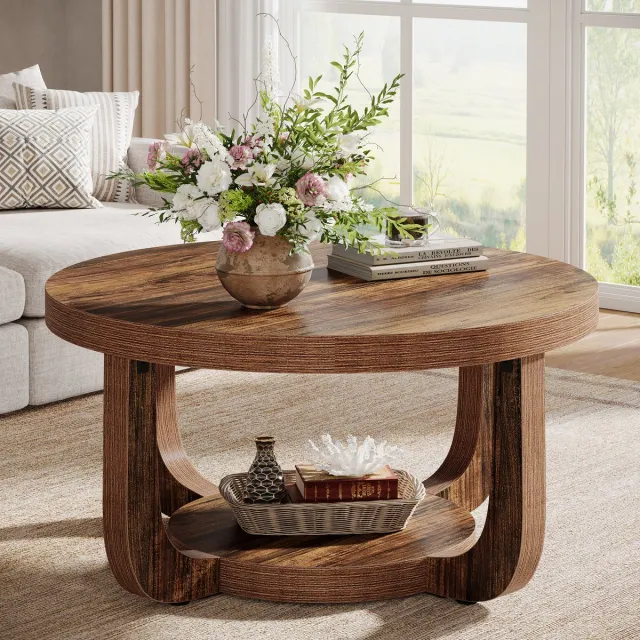 Tribesigns Ronde Salontafel - 80 x 80 x 45 cm - 2-Laags Salontafel met Opbergplank - Bijzettafel Bruin - Tafel - Sidetable voor Woonkamer, Thuiskantoor