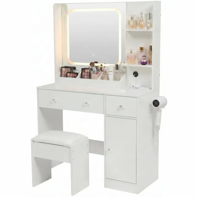 Monza Home Make Up Tafel – Kaptafel met Spiegel en Verlichting – Inclusief Kruk – Kast met Deur & Föhnhouder – 2 Stopcontacten & 2 USB-poorten – 3 Lichtkleuren Dimbaar met Touch – 141 x 87,5 x 40 cm – Wit – Monza Home