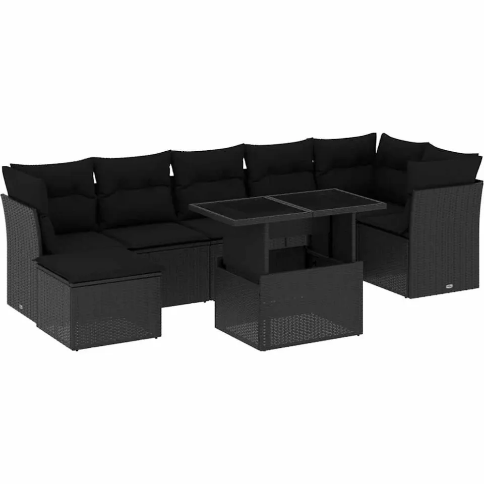 vidaXL 8-delige Loungeset met kussens poly rattan zwart