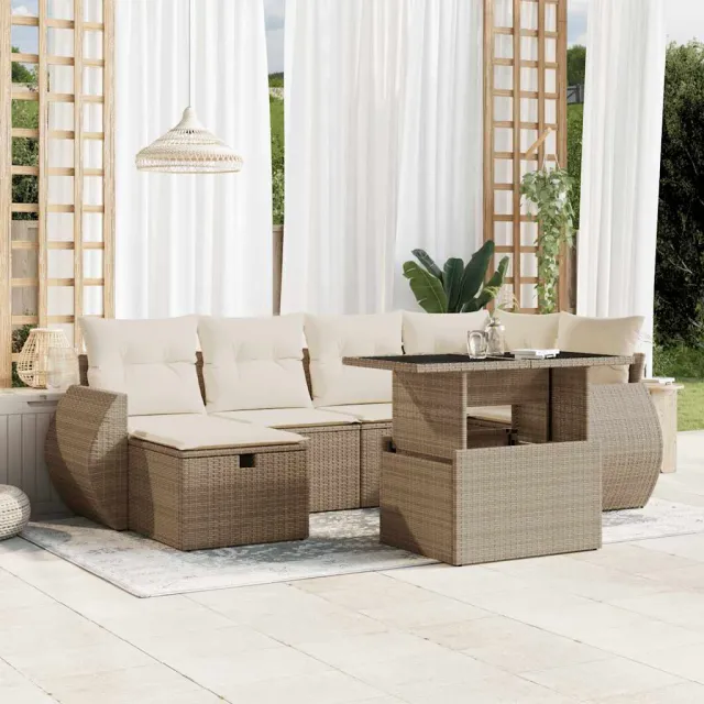 vidaXL 7-delige Loungeset met kussens poly rattan beige, foto 2