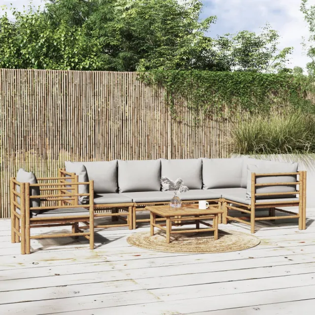 vidaXL 7-delige Loungeset met lichtgrijze kussens bamboe bruin, foto 2