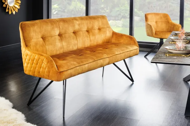 Invicta Interior Design bank EUPHORIA 160cm mosterdgeel fluweel retrostijl decoratief quilten haarspeldpoten metalen poten armleuningen - 43128 Zie omschrijving