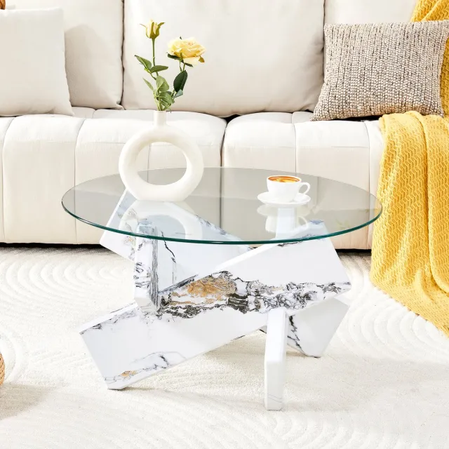 REDOM Ronde Salontafel - Kruisvormige Poot - Modern - Woonkamer - MDF En Glas - Transparant En Wit - 79 Cm Transparant + wit