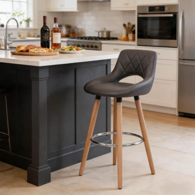 COVREO Barkruk 96 cm grijs, kunstleer met houten poten en rugleuning