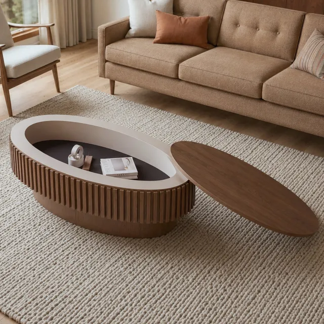 STILVORA Salontafel - Ovale Tafel Met Verborgen Opbergruimte - Modern Voor Woonkamer En Kantoor - Hout En MDF - 98x60x35 Cm - Walnoot