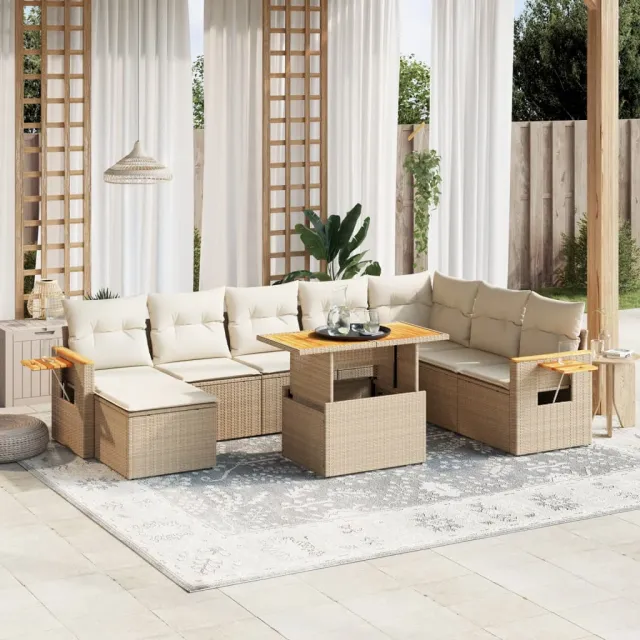 vidaXL 9-delige Loungeset met kussens poly rattan beige, foto 2