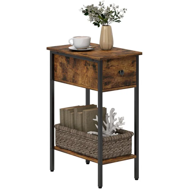 Homcom Bijzettafel met Lade en Open Vak - Nachtkastje - Sidetable - Bijzettafeltje - Rustiek Bruin