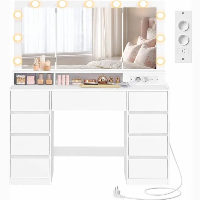 Sierra , Grote make-uptafel met spiegel en stopcontact, verstelbare ledverlichting, make-uptafel met 9 laden, moderne kaptafel, wit RDT146WB01 Wolkenwit