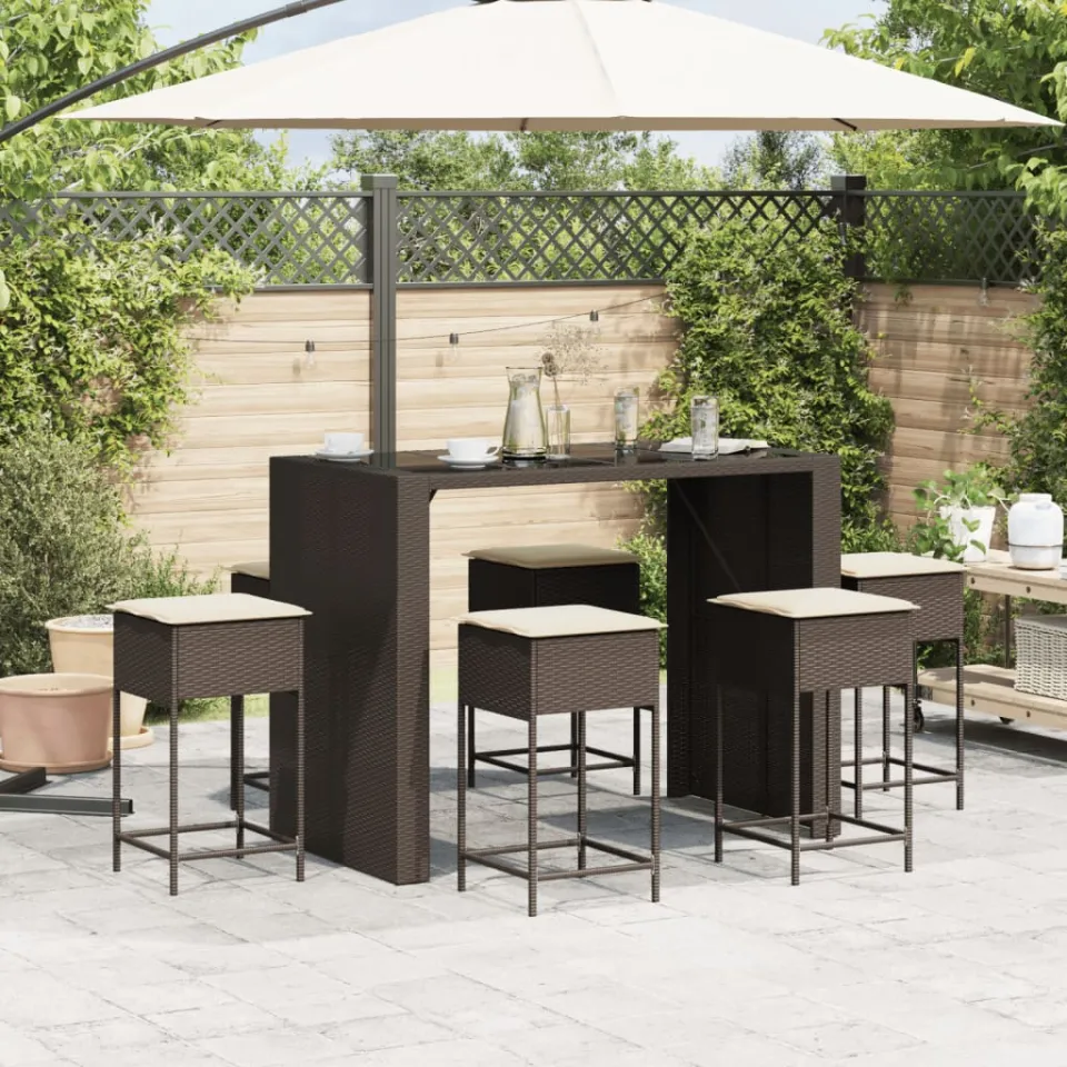 vidaXL 7-delige Tuinbarset met kussens poly rattan bruin, foto 3