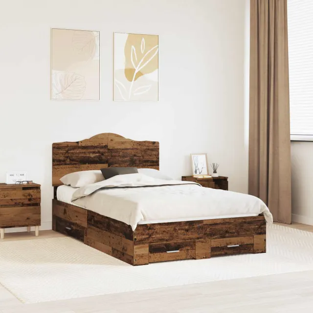 vidaXL Bedframe met lade met opslag Oudhout 120 x 190 cm Bewerkt hout Bruin