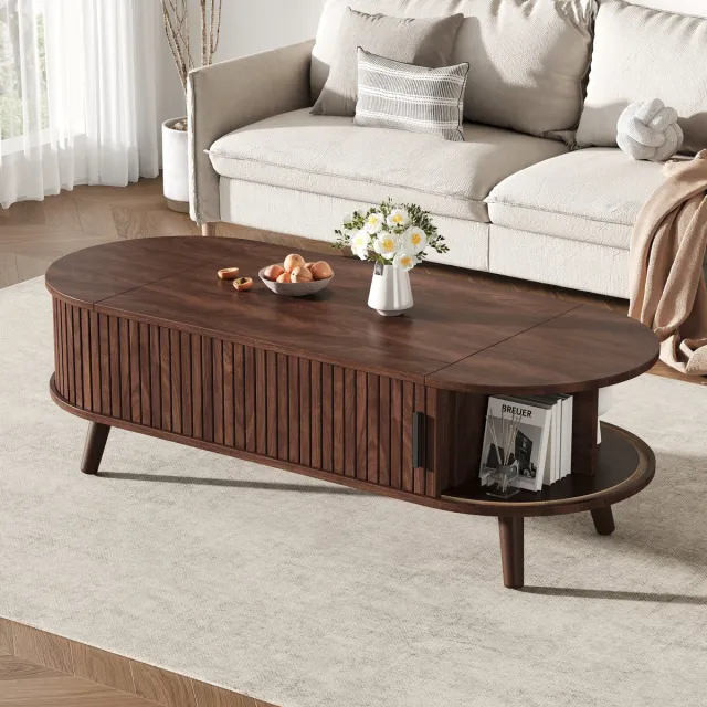 HAUSS SPOLE Salontafel - Verstelbaar Hefblad Met Verborgen Opbergruimte - 5 Opbergvakken Voor Woonkamer En Thuiswerk - MDF - Walnoot - 120x50x39,5 Cm
