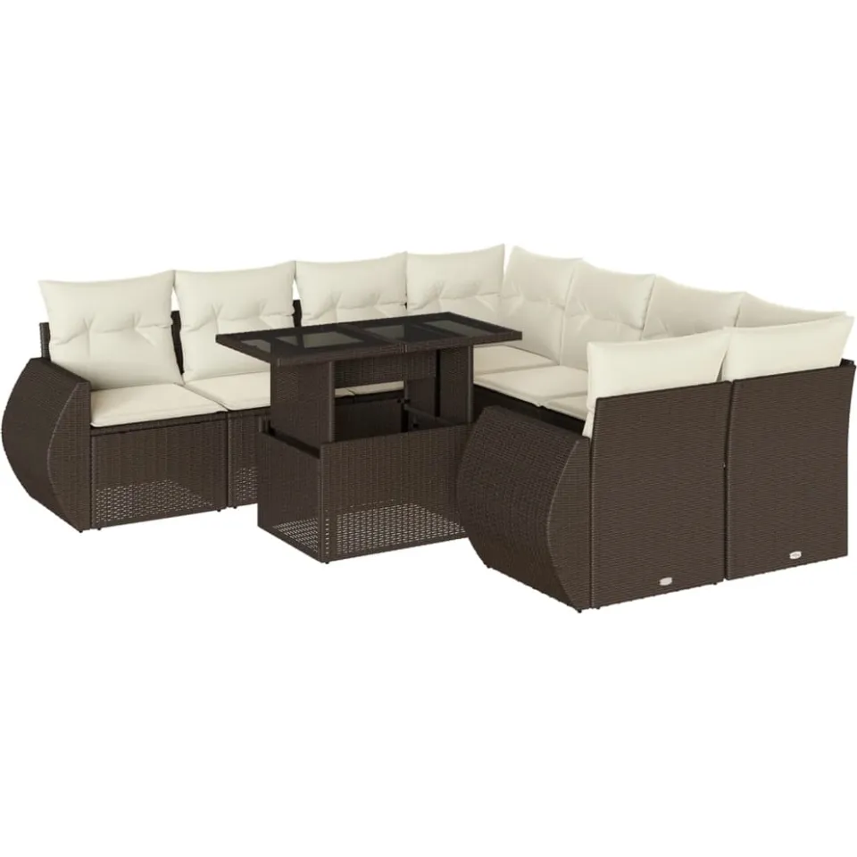 vidaXL 9-delige Loungeset met kussens poly rattan bruin, foto 3