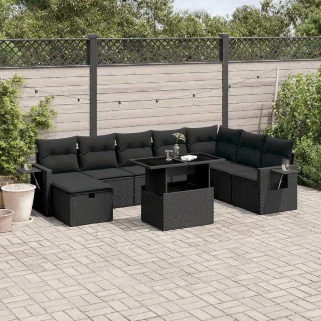 vidaXL 9-delige Loungeset met kussens poly rattan zwart