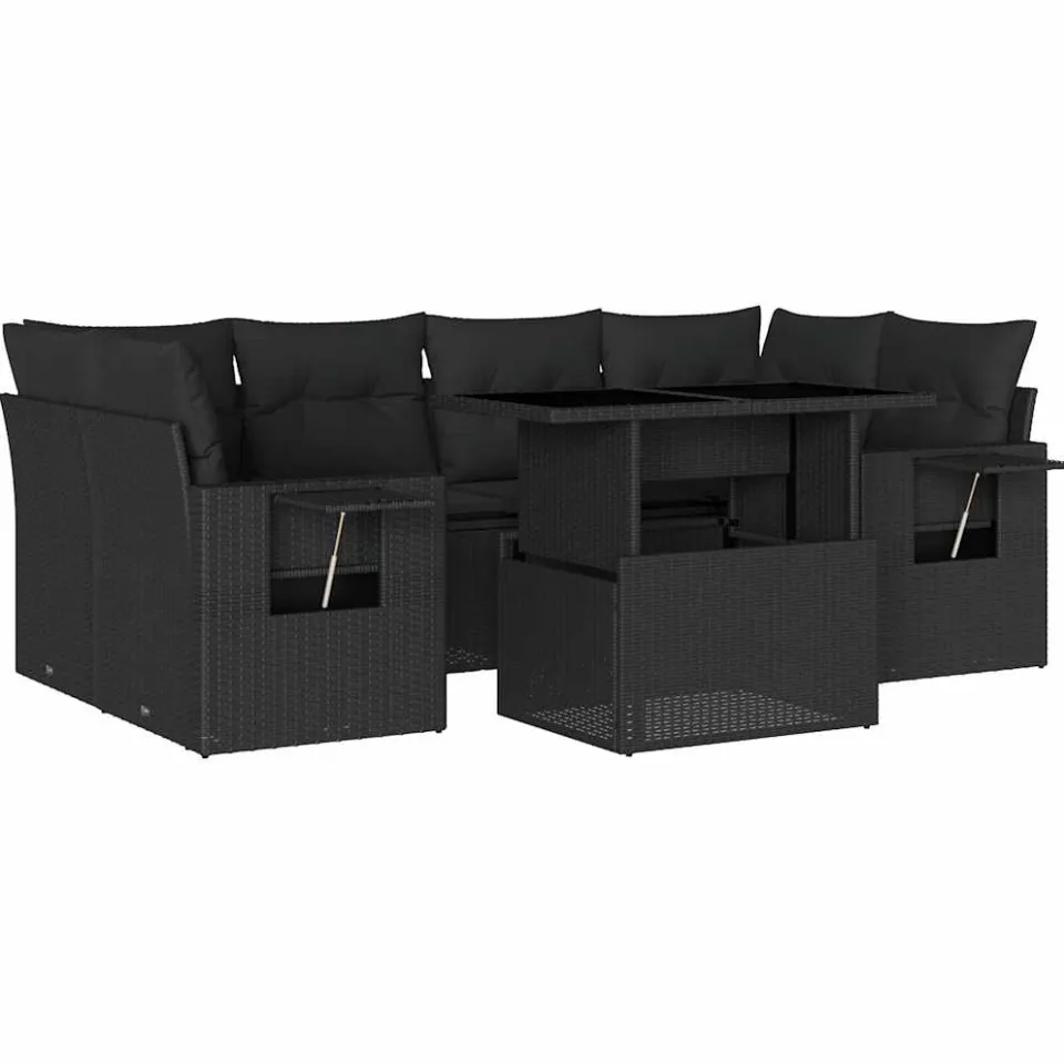 vidaXL 7-delige Loungeset met kussens poly rattan zwart, foto 3
