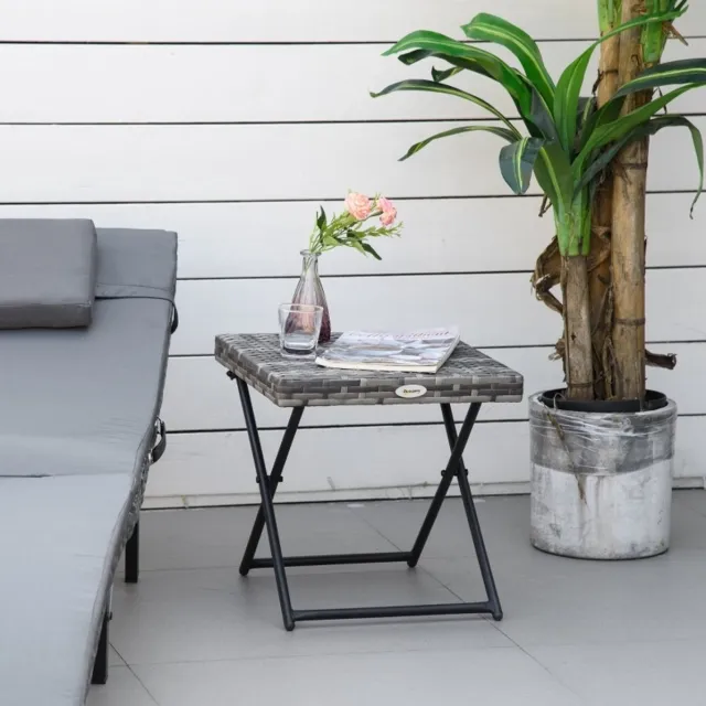 FloraGrace Tuintafel - Opklapbare Bijzettafel In Polyrattan Look - Voor Balkon En Terras - Metalen Onderstel - 40x40x40 Cm - Grijs