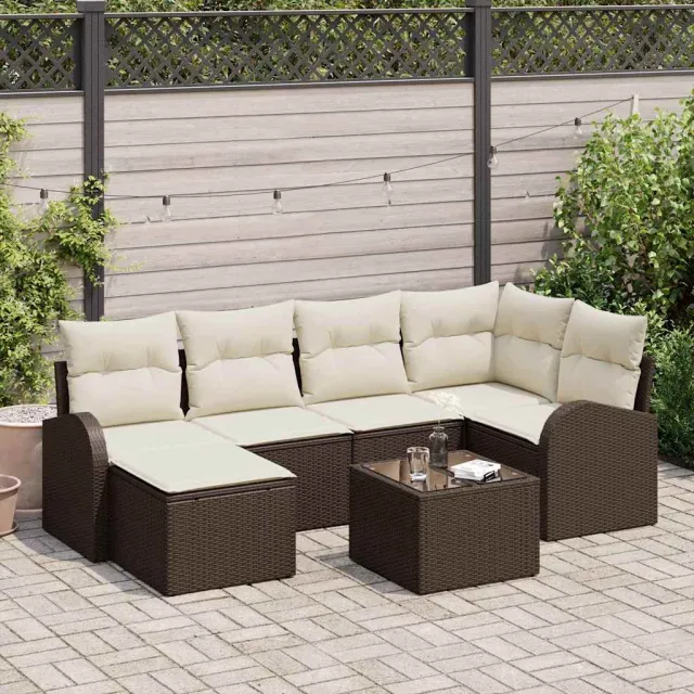 vidaXL Bankstel 7 st Bruin en wit poly rattan