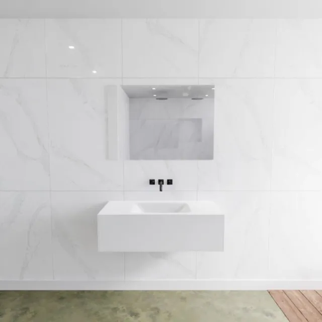 Mondiaz Badkamermeubelset Mondiaz LAGOM 100 cm Gecentreerde Waskom Solid Surface Zonder Kraangaten Mat Wit (1 lade)