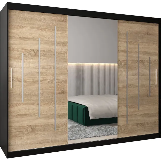 InspireME Kledingkast met 3 schuifdeuren, Modern-stijl, Een kledingkast met planken en een spiegel (BxHxD): 250x200x62 - MALTESE I 250 Zwart Mat + Sonoma Eik