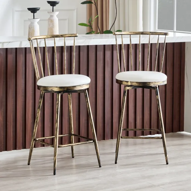 MODENUIT Barkruk Set van 2 - Windsor Rugleuning - Barhoogte - Keuken Eiland en Bar - Metaal - Bruin Wit