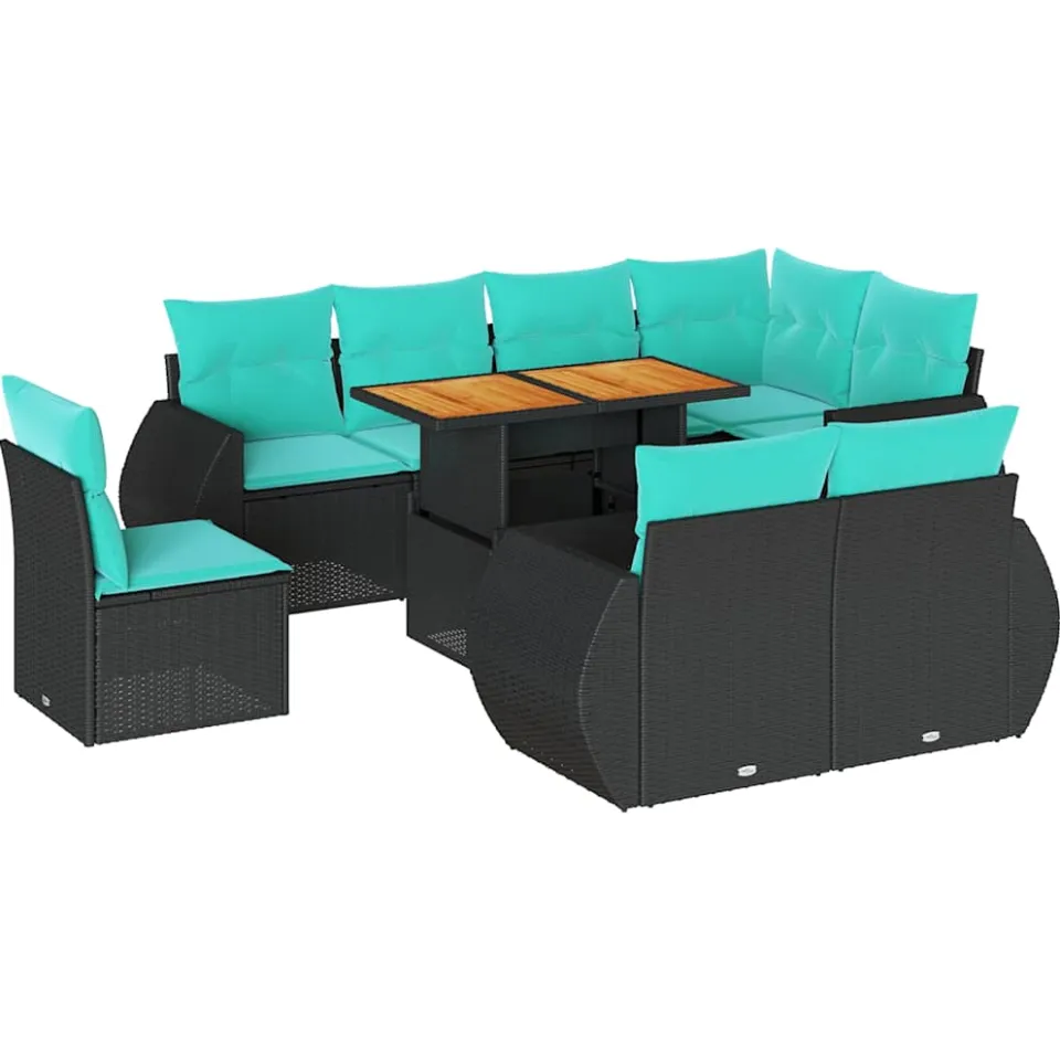 vidaXL 9-delige Loungeset met kussens poly rattan zwart, foto 3
