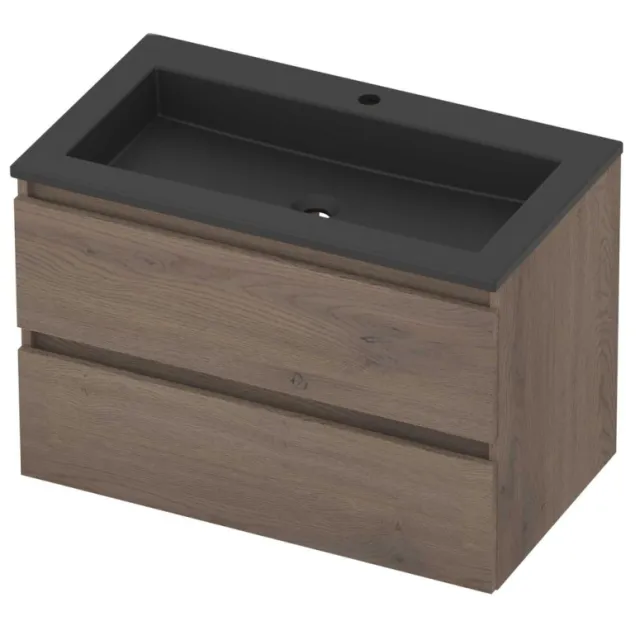 Basic-Line Aura 46 Badmeubelset Acryl 1 Kraangat Greeploos 80x46x54 cm Dusk Oak Mat Zwart