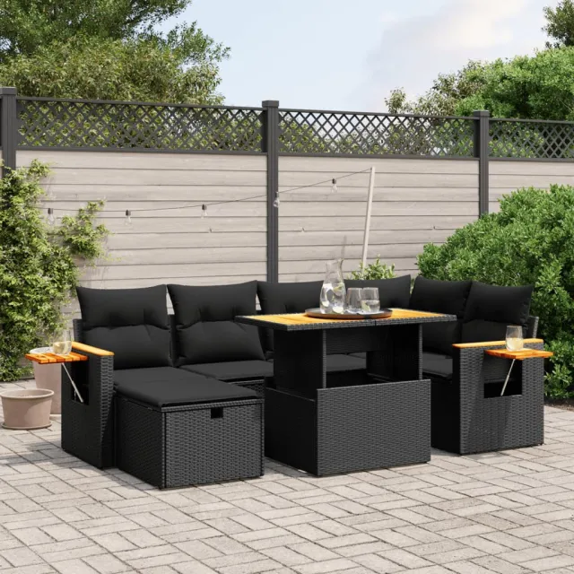 vidaXL 7-delige Loungeset met kussens poly rattan zwart, foto 2