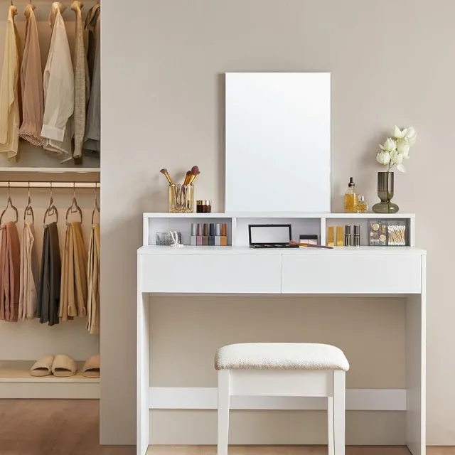 Bobbel Home Makeup tafel, met grote spiegel, kaptafel, 2 laden, 3 open vakken, cosmeticatafel, modern, wit