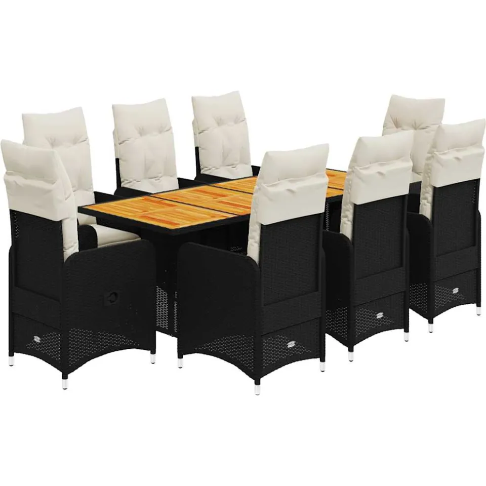 vidaXL 9-delige Bistroset met kussens poly rattan zwart