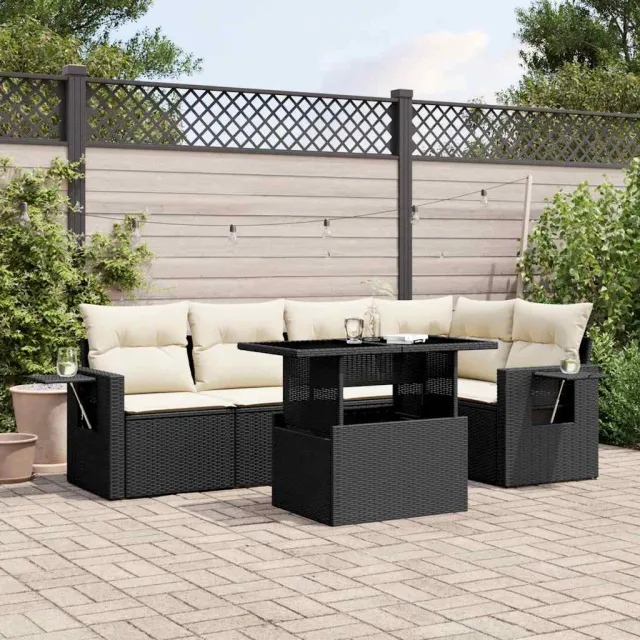 vidaXL 6-delige Loungeset met kussens poly rattan zwart