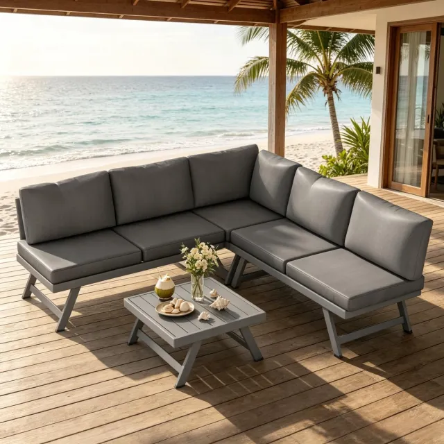 OKWISH Hoek Loungeset - 5-Zits Met Tafel En Kussens - Voor Tuin En Terras - Metaal, Aluminium, Polyester - Grijs