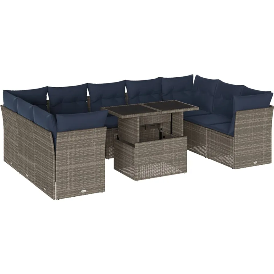 vidaXL 10-delige tuinbankset met kussens, grijs polyrotan, foto 3
