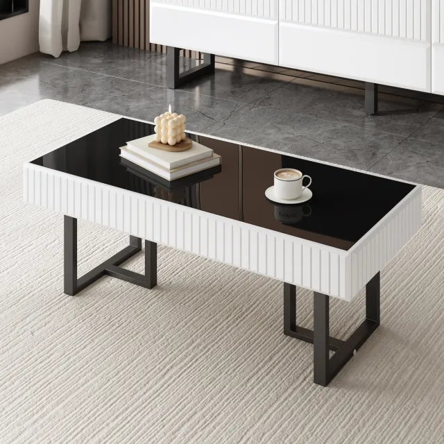 MIVRAY Salontafel - Hoogglans Tafelblad Met Kleurblok Design - Voor Woonkamer En Loungehoek - MDF En Spaanplaat - Zwart Wit - 110x50,5x41 Cm