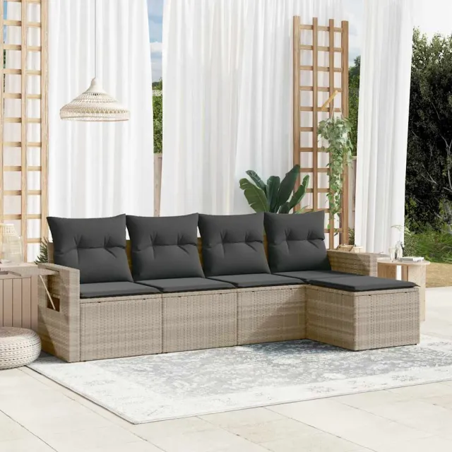 vidaXL 5-delige Loungeset met kussens poly rattan lichtgrijs grijs, foto 2