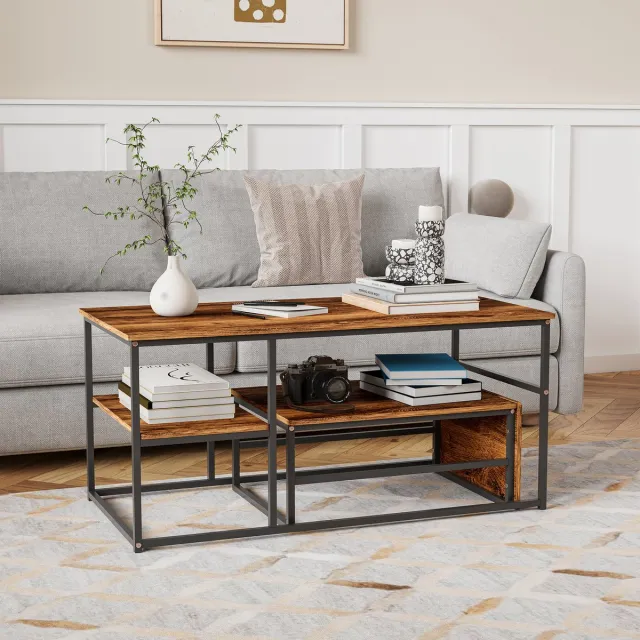 Solvenrik Nesttafels Set van 2 – Rechthoekige Salontafel & Bijzettafel – Met Metalen Frame en Opbergruimte – Multifunctioneel Design Bruin & Zwart