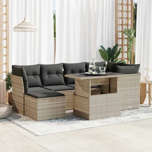 vidaXL 7-delige Loungeset met kussens poly rattan lichtgrijs grijs, foto 2