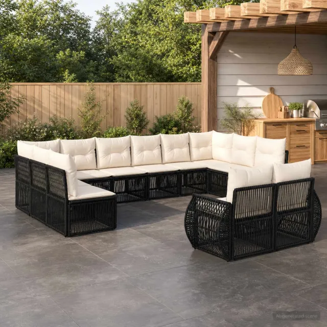 vidaXL Tuinbankenset 12 st 12-zits Zwart en Cream Wit poly rattan, foto 2