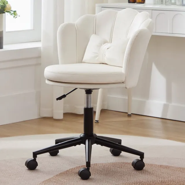 MEUNIQ Bureaustoel zonder armleuningen, in hoogte verstelbaar 45-55 cm, 360° draaibaar met wielen en lendenkussen, beige fluweel