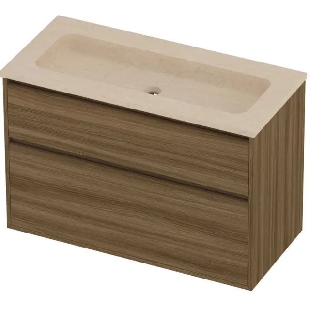Proline Rollo Badmeubelset Hardsteen Elegant Zonder Gat 100x46x67 cm Sand Stone Caramel Walnut Houtlook