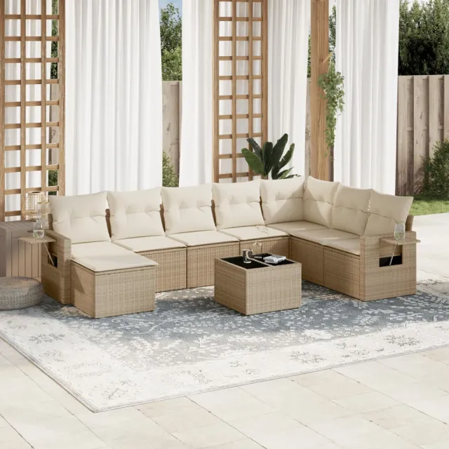 vidaXL 9-delige Loungeset met kussens poly rattan beige, foto 2