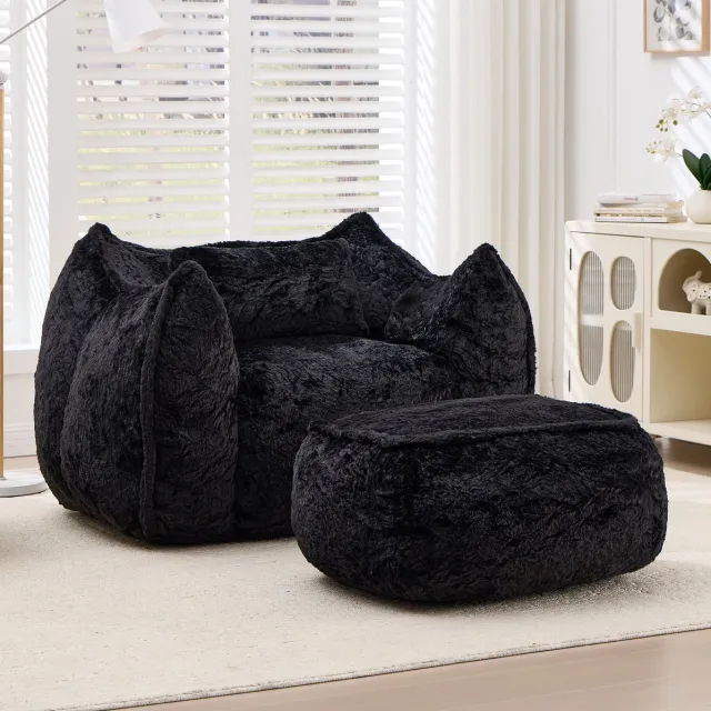 STILVORA Zitzakstoel 57 x 46 x 38 cm - Zachte Kunsthaar Bekleding - Inclusief Voetenbank - Voor Woonkamer, Slaapkamer en Binnengebruik - Zwart