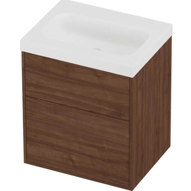 Proline Haga Badmeubelset Polystone Mezza 2 Laden 60x46x73 cm Mat White Indian Walnut Houtlook