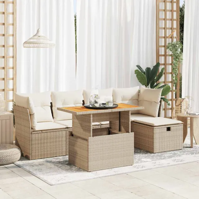 vidaXL 6-delige Loungeset met kussens poly rattan acacia beige, foto 2