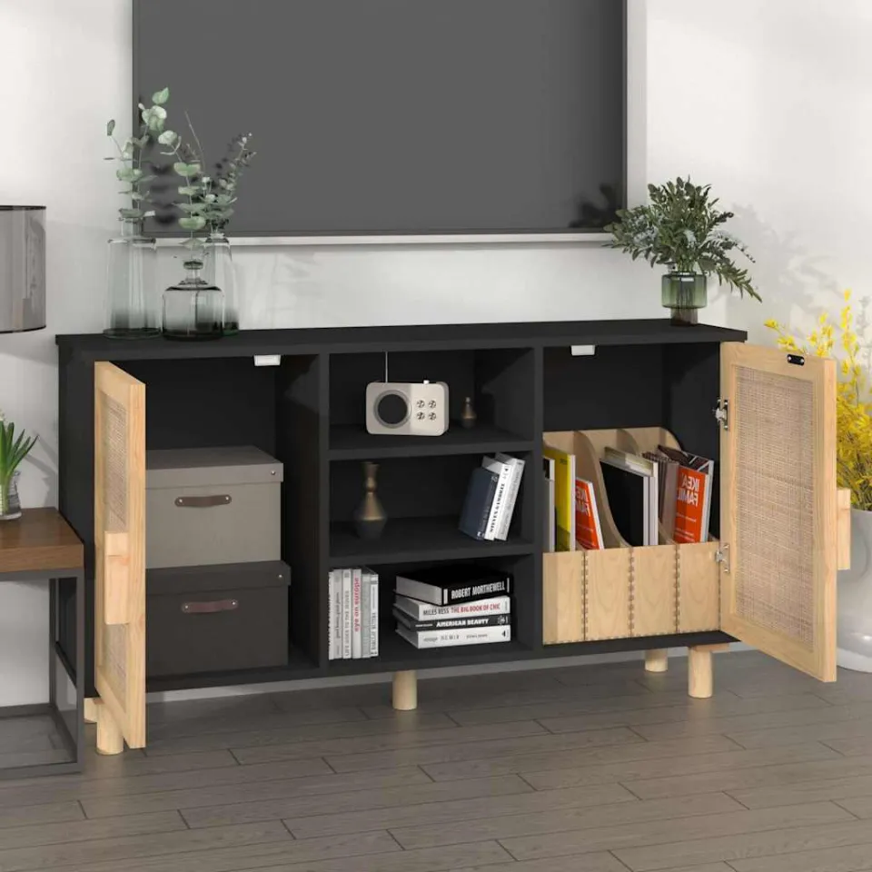 vidaXL Dressoir 105x30x60 cm massief grenen hout en rattan zwart, foto 3