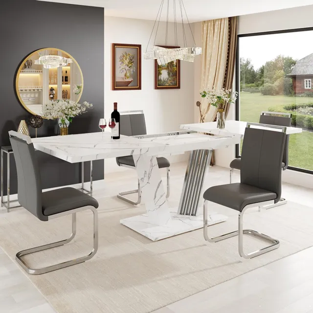 KOMHTOM BLACKCOLORS Eetkamerset (5-delig), uitschuifbare tafel, tafel 120(160)x80x76 cm (met 4 stoelen), voor 4-6 personen, stoelen met grijze kunstleren bekleding Wit