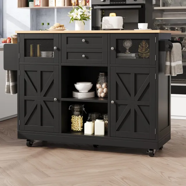 WUVRIE Keukeneiland 140x40x93,5 cm - Opklapbaar werkblad, 2 lades en wielen - Zwart